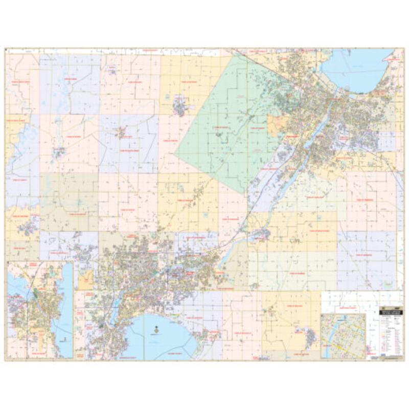 KA-C-WI-FOXCITIES-lam-rails-black Fox Cities, WI Wall Map, Laminated with Rails - Black Molding - 72.25 x 57 in.