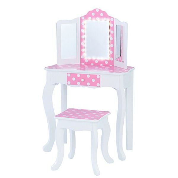 Picture of Teamson TD-11670FL Fantasy Fields Gisele Polka Dot Prints Play Vanity Set with LED Mirror Light&#44; Pink & White