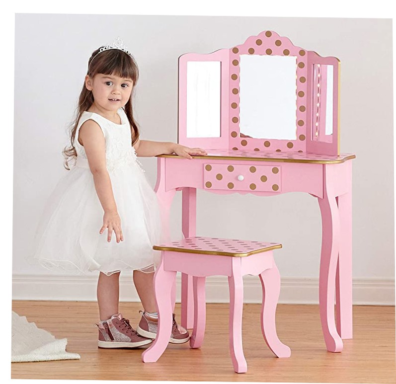 Picture of Teamson TD-11670LL Fantasy Fields Polka Dot Prints Gisele Vanity Playset with LED Mirror&#44; Pink & Gold