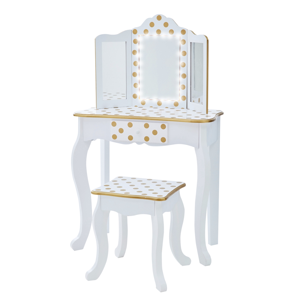 Picture of Teamson TD-11670ML Kids Polka Dot Prints Gisele Vanity Playset with LED Mirror&#44; White & Gold