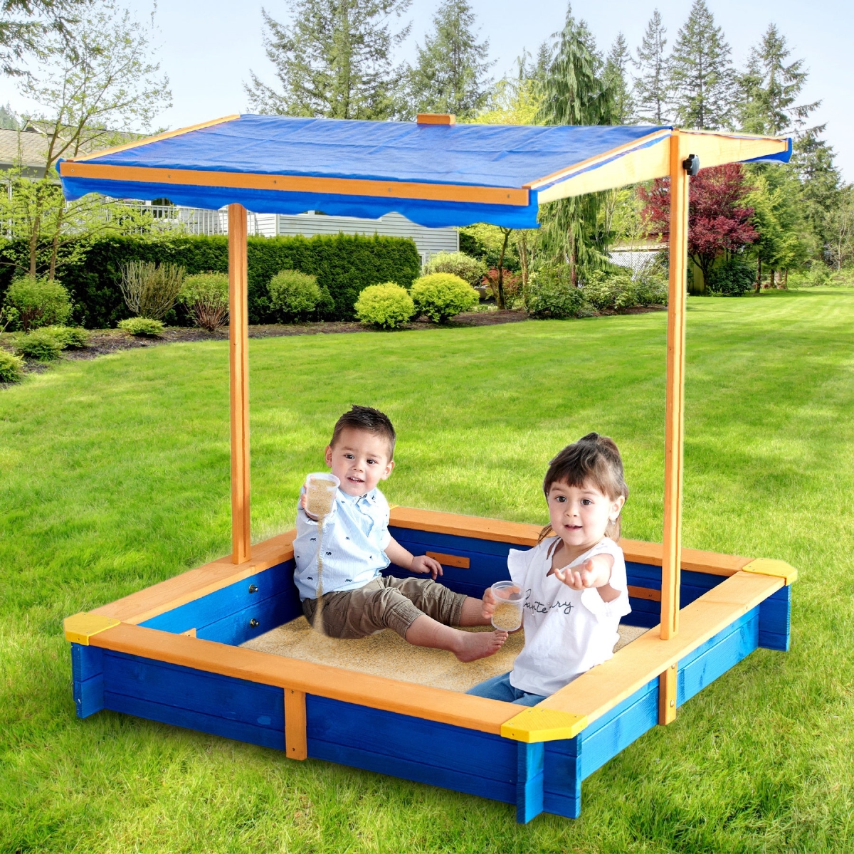 Picture of Teamson TK-KF0003 4 ft. Kids Square Solid Wood Sandbox with Rotatable Canopy Cover&#44; Honey & Blue