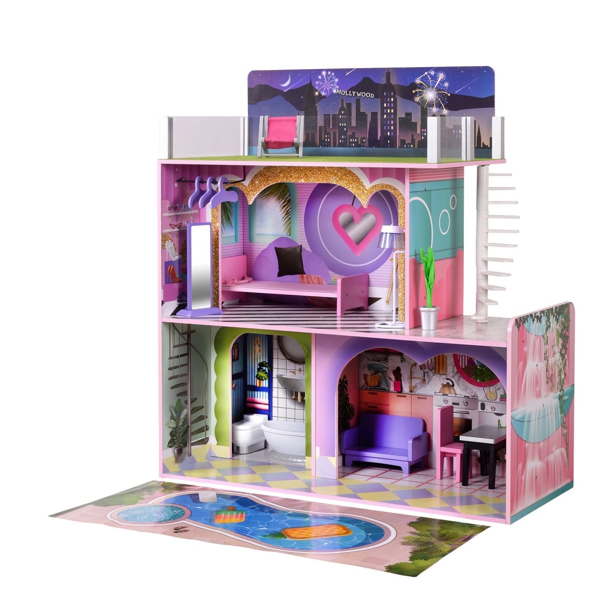 Picture of Teamson TD-13616A Olivias Little World Kids Wooden Dreamland Sunset 3-Level Doll House Set