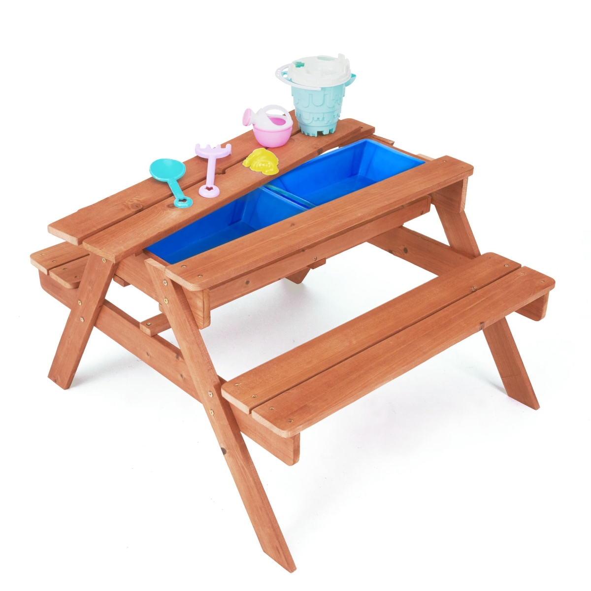 Picture of Teamson TK-OW0001 Kids Outdoor Wooden Picnic Table with 2 Sensory Bins for Sand & Water Play Plus Accessories&#44; Warm Cherry