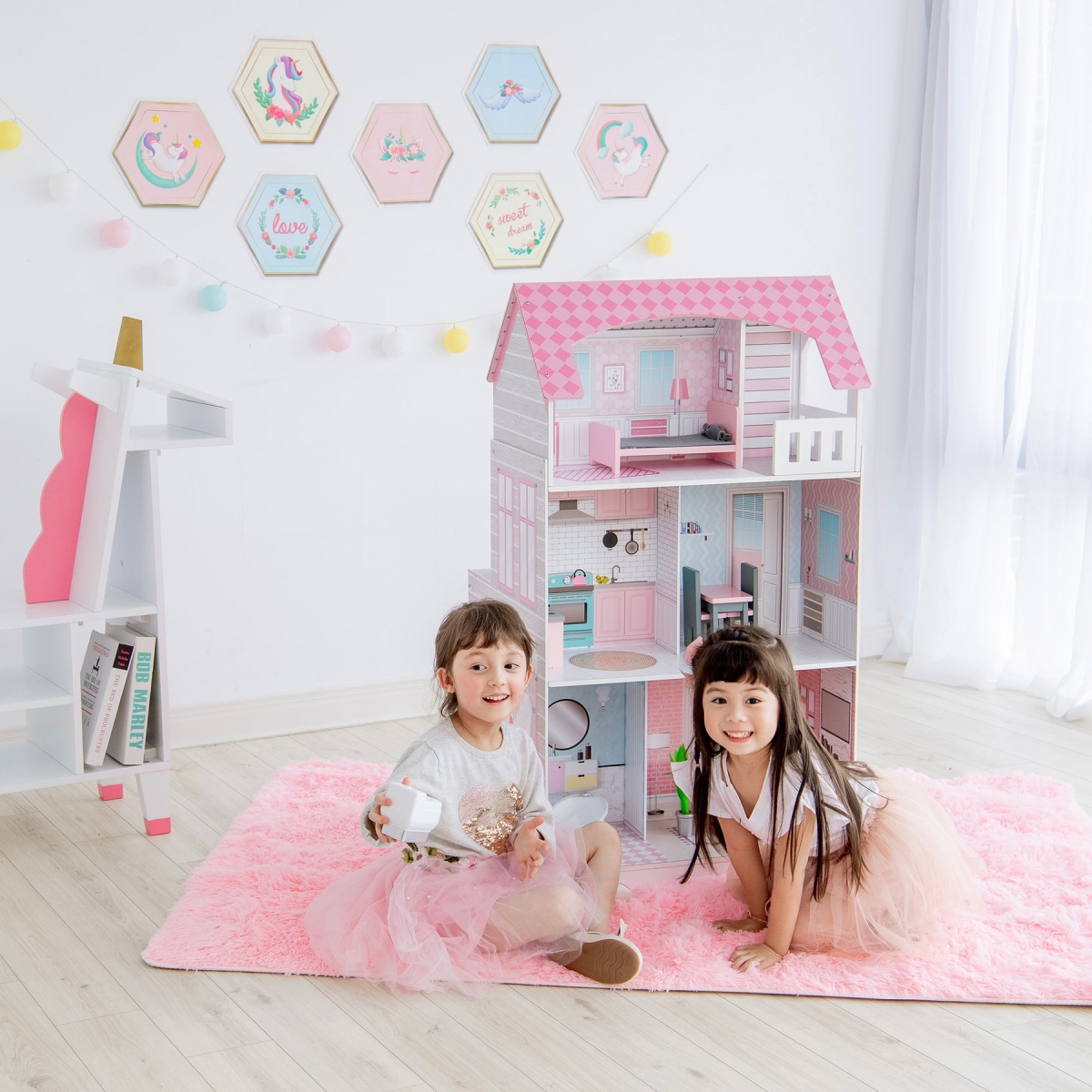 Picture of Teamson TD-12515P Kids Ariel 2-in-1 Double-Sided Play Kitchen with Accessories & Furnished Doll House for 12 in. Dolls&#44; Pink