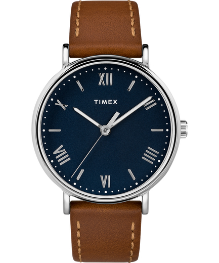 41 mm Mens Southview Leather Strap Watch, Tan & Silver, Tone & Blue