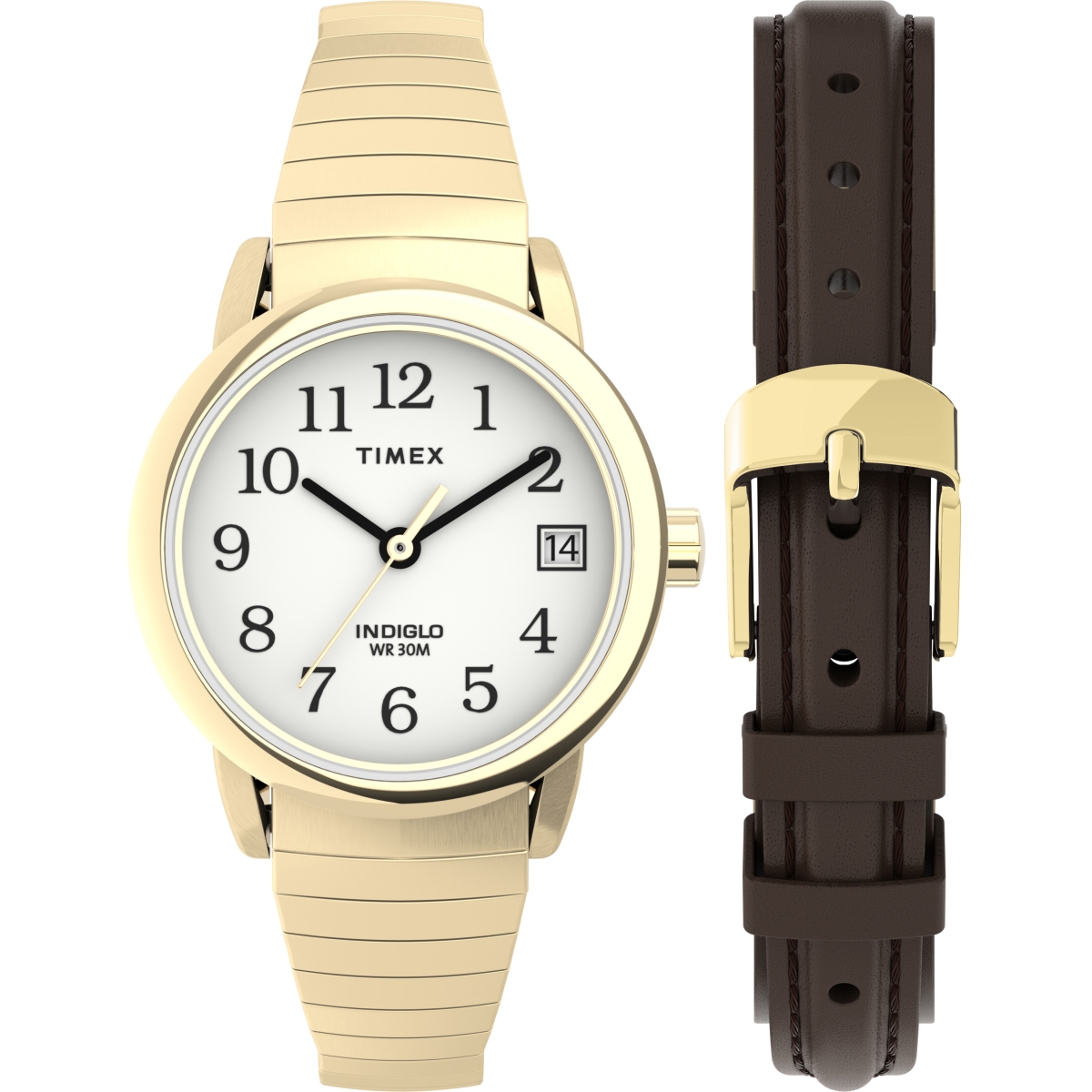 Picture of Timex TWG025300JT 25 mm Women Easy Reader Gold Tone Case White Dial Watch with Tapered Expansion Band Plus Brown Leather Strap Set