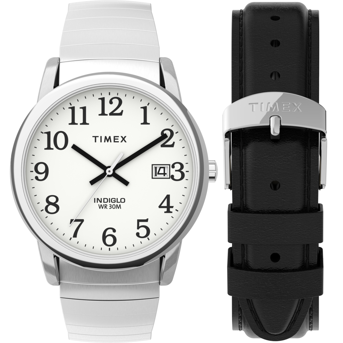 35 mm Men Easy Reader Silver Tone Case White Dial Watch with Tapered Expansion Band Plus Black Leather Strap Set -  Timex, TI566369