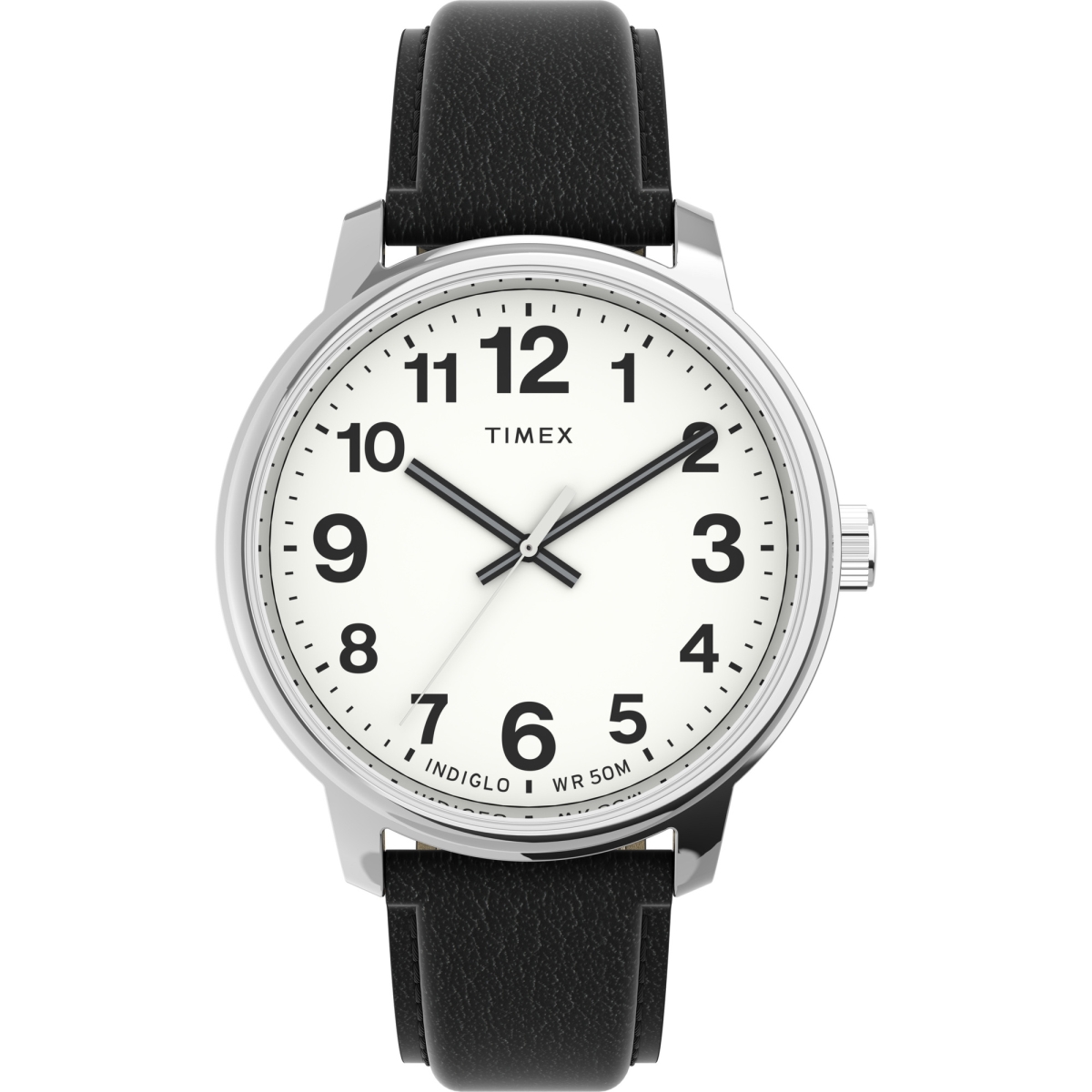 TW2V212009J 43 mm Mens Easy Reader Bold Silver-Tone Case White Dial Watch with Black Leather Strap