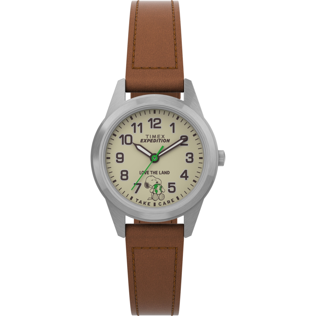 Picture of Timex TW4B25100WX 26 mm Women Peanuts Expedition Field Mini Take Care of the Earth Silver-Tone Case Natural Dial Watch with Brown Ecco Dri Tan Leather Strap