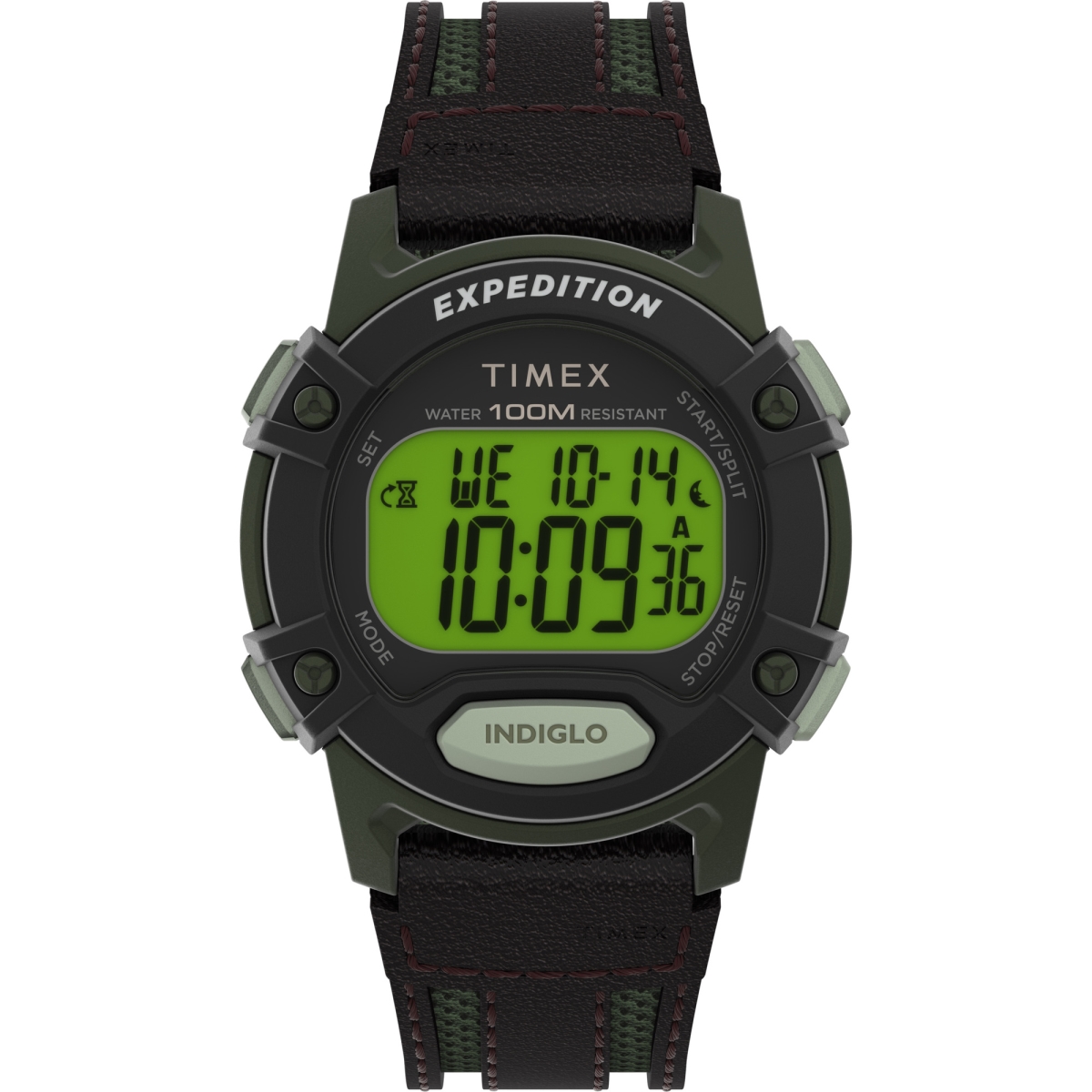 TW4B244009J 41 mm Mens Expedition Digital CAT5 Green Case Black Top Ring Watch with Brown Leather & Green Fabric Strap