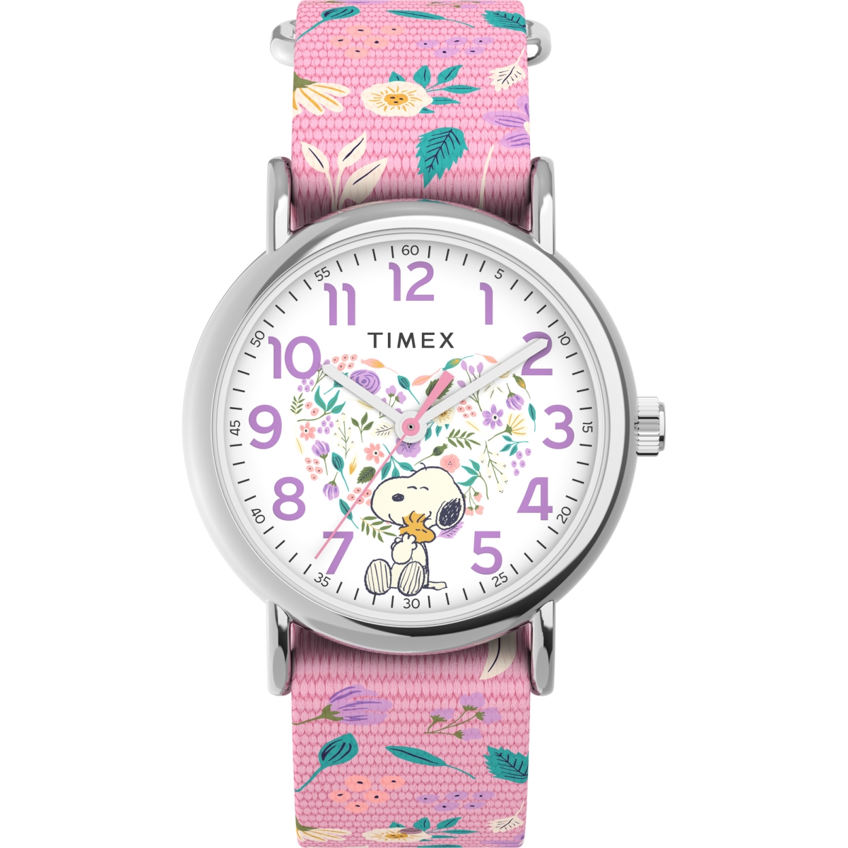 Picture of Timex TW2V77800JT 38 mm X Peanuts In Bloom Womens Weekender Watch&#44; Pink Strap with White Dial - Silver-Tone Case