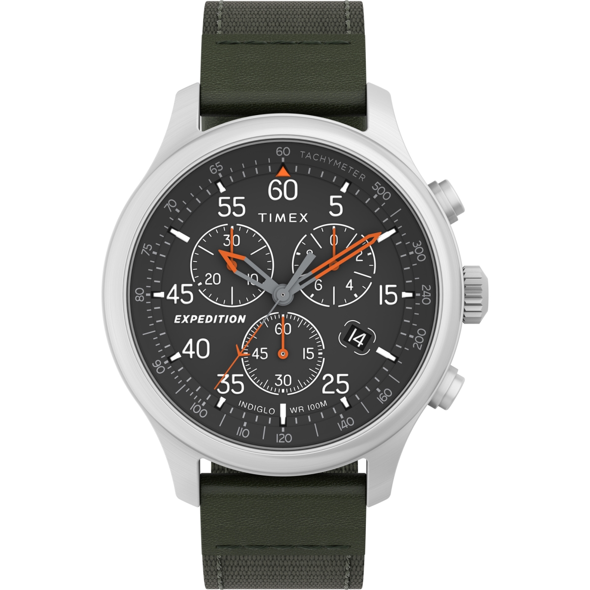 43 mm Mens Expedition Field Chrono Watch, Green Strap with Black Dial - Silver-Tone Case -  The Gem Collection, TH3291565