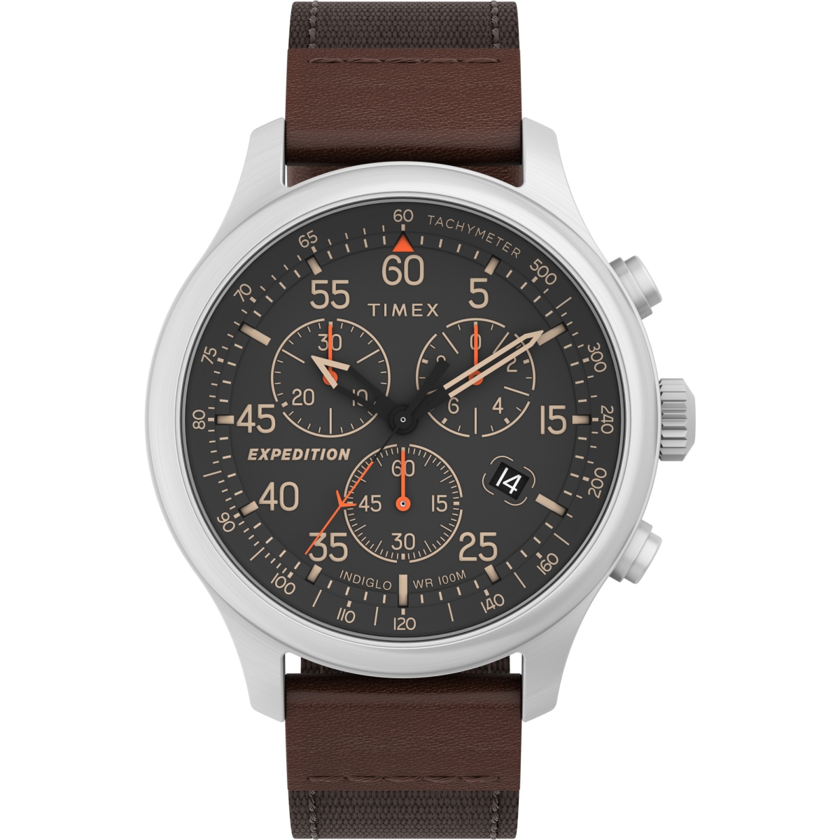 43 mm Mens Expedition Field Chrono Watch, Brown Strap with Black Dial - Silver-Tone Case -  The Gem Collection, TH3294196