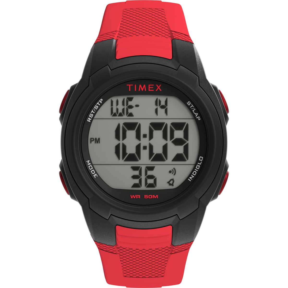 Picture of Timex TW5M58500SO 40 mm Unisex T100 Watch - Red Strap Digital Dial Black Case