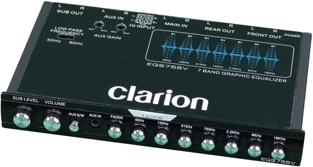 EQS755V 0.5-Din Sized Mobile Audio Graphic Equalizer & Crossover with 3.5 mm Front Aux Input