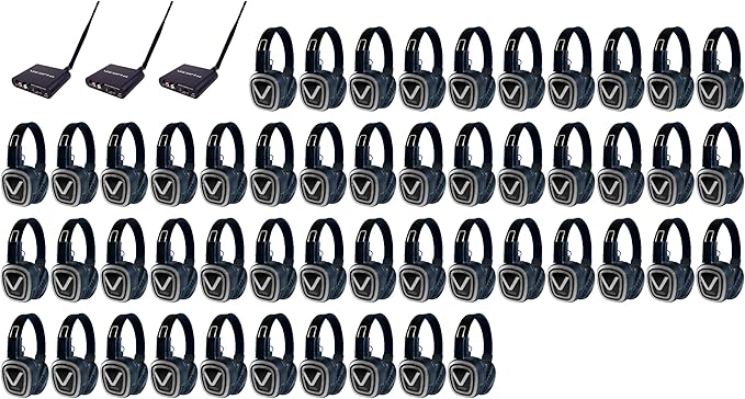 SILDISCOPRO350 Long-Range Silent Disco & Event Package with Three Transmitters & Fifty Over Ear Headphone Receivers, Red, Blue & Green