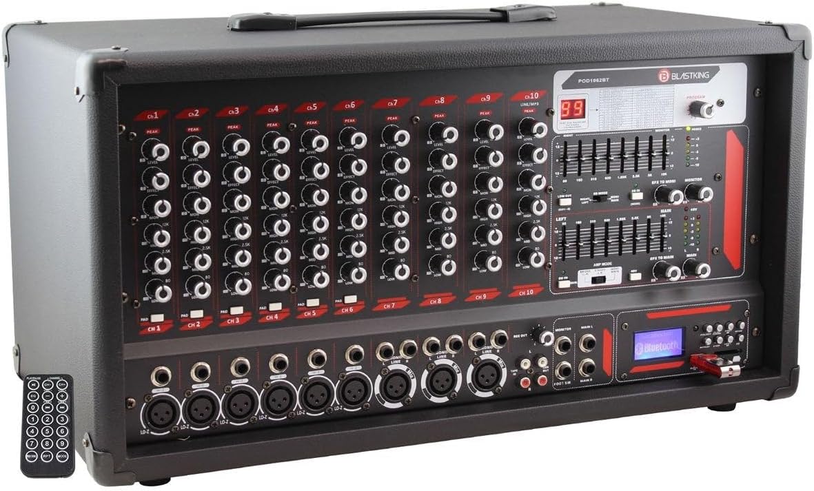 Blast King POD1062BT 10-Channel Powered Mixer with Bluetooth, MP3 Player & Equalizer, Black