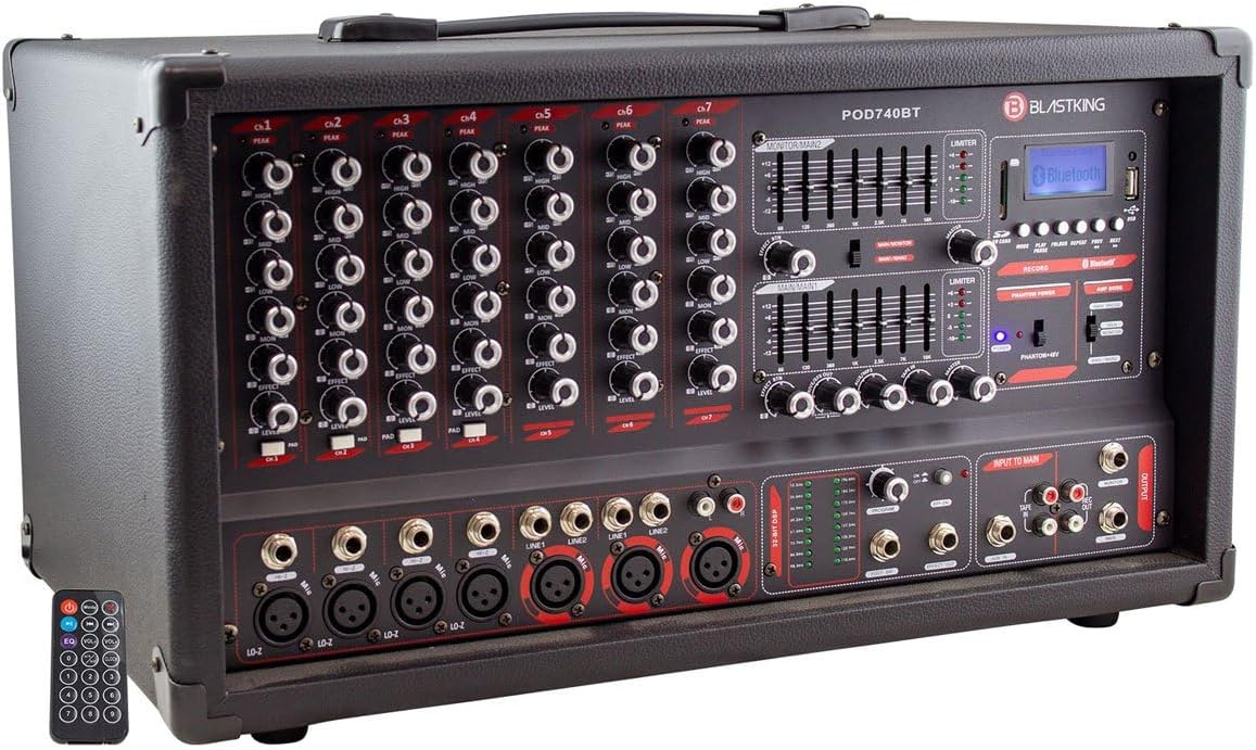 Blast King POD740BT 7-Channel Powered Mixer with Bluetooth, MP3 Player & Equalizer, Black