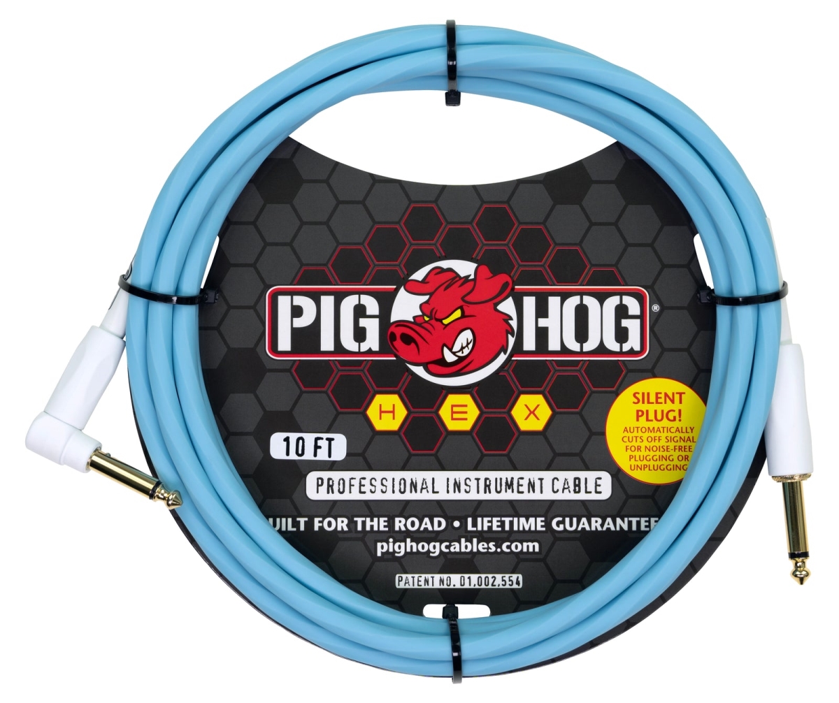 Pig Hog PHSH10DBR Hex Series Silent Cable, 10 ft. - Daphne Blue - Right Angle