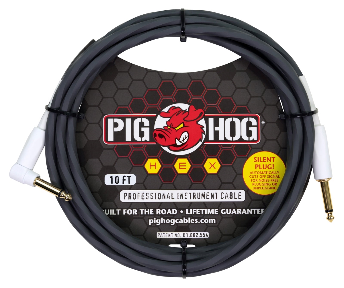Pig Hog PHSH10GRR Hex Series Silent Cable, 10 ft. - Gray - Right Angle