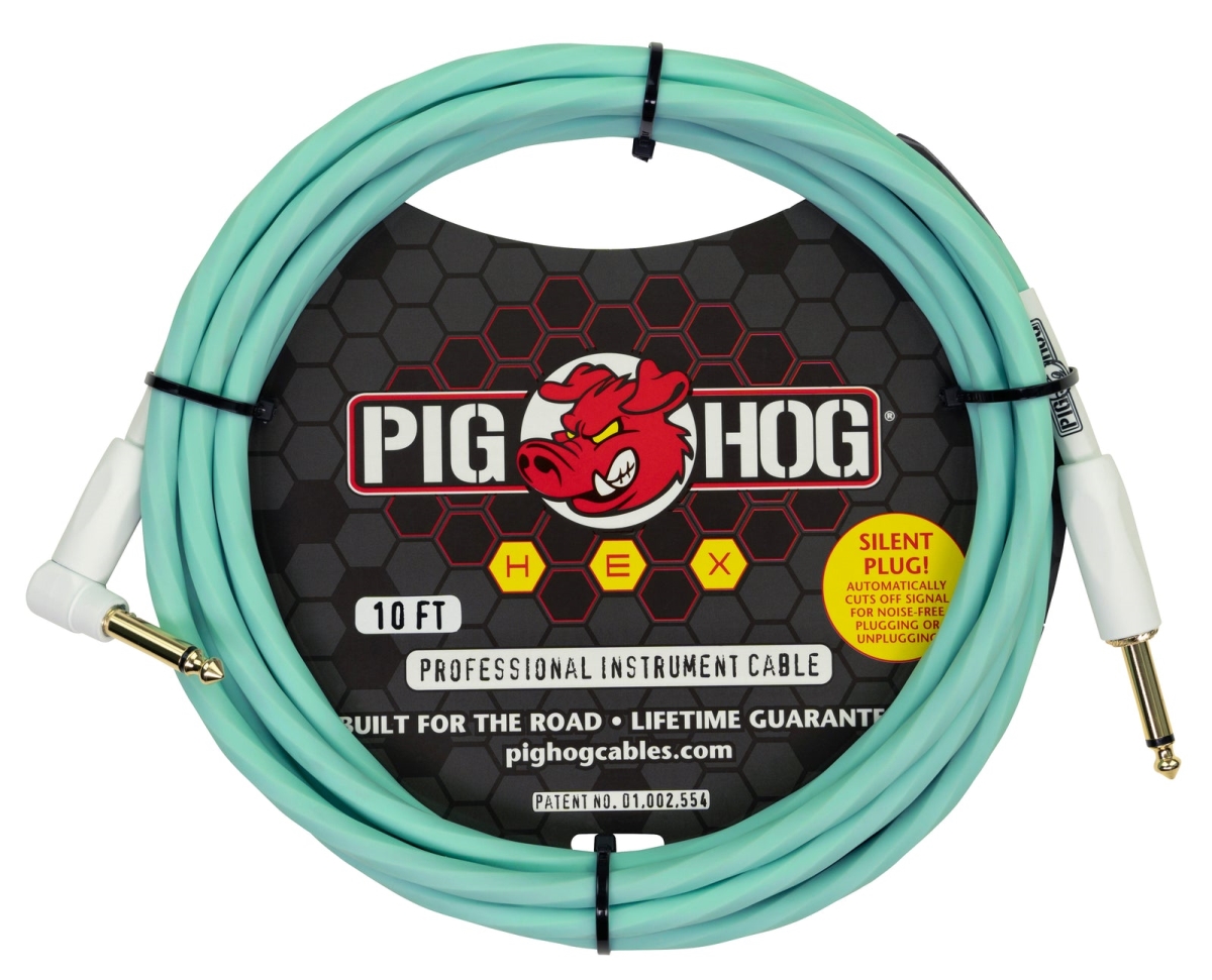 Pig Hog PHSH10SGR Hex Series Silent Cable, 10 ft. - Seafoam Green - Right Angle