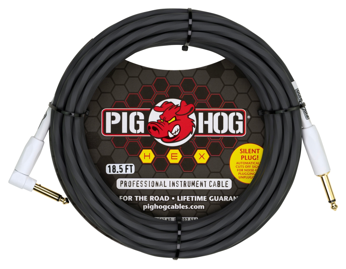 Pig Hog PHSH186GRR Hex Series Silent Cable, 18.6 ft. - Gray, Right Angle