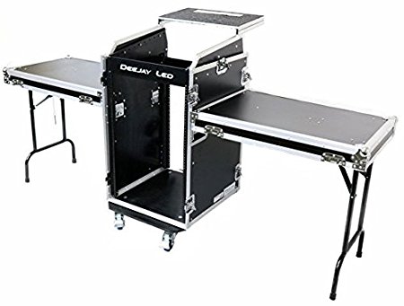 YCS  Fly Drive Case 11u Space Slant Mixer Rack & 16u Space Vertical Rack System with Caster Board & Two Side Tables & Laptop Shelf