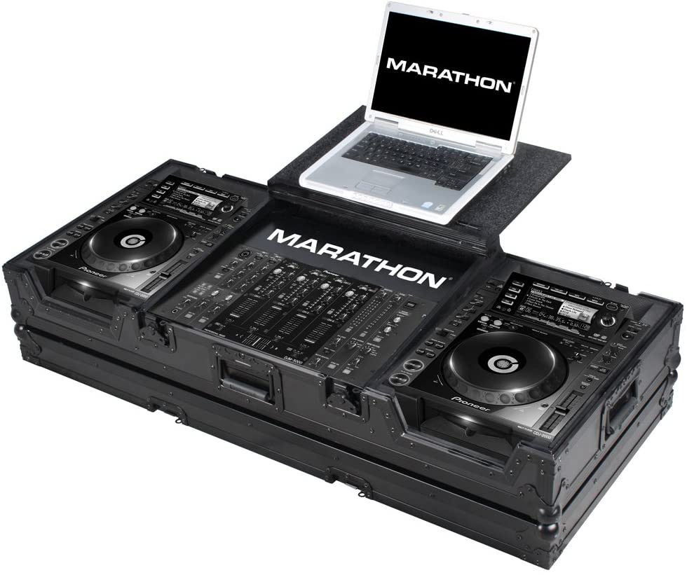 Black Series Flight Coffin with Wheels & Laptop Shelf, Holds 2 Large CD Players & Mixer - 19 in.