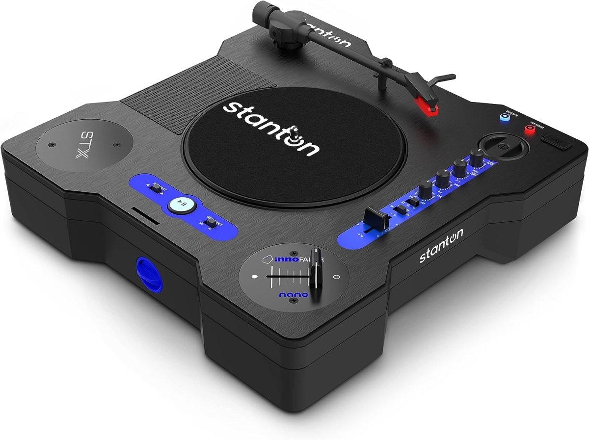 STX Portable Scratch DJ Turntable with Bluetooth, Pitch Slider, USB Recording, Speaker & 2 Rechargeable Batteries, Black -  STANTON