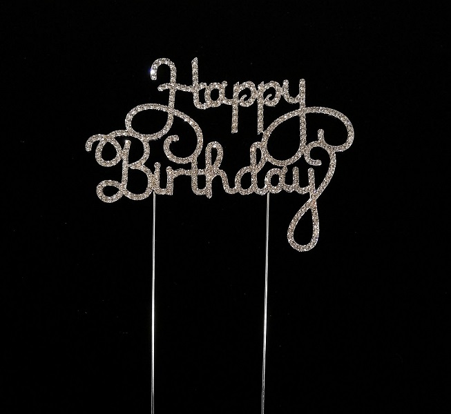 Scripted Happy Birthday Rhinestone Cake Toppers - Silver