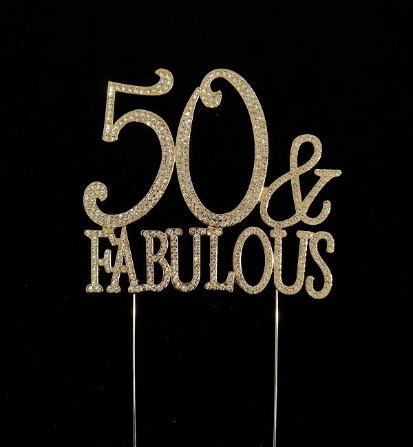 50 Fabulous Rhinestone Monogram Cake Topper - Gold