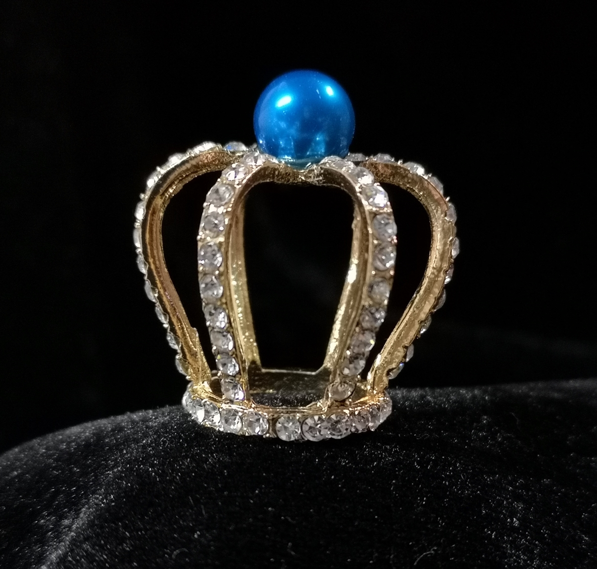 3 oz Small Rhinestone Crown with a Royal Blue Pearl on Top - Gold
