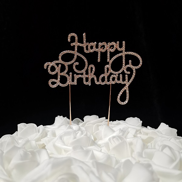 2 oz Scripted Happy Birthday Rhinestone Cake Toppers - Rose Gold