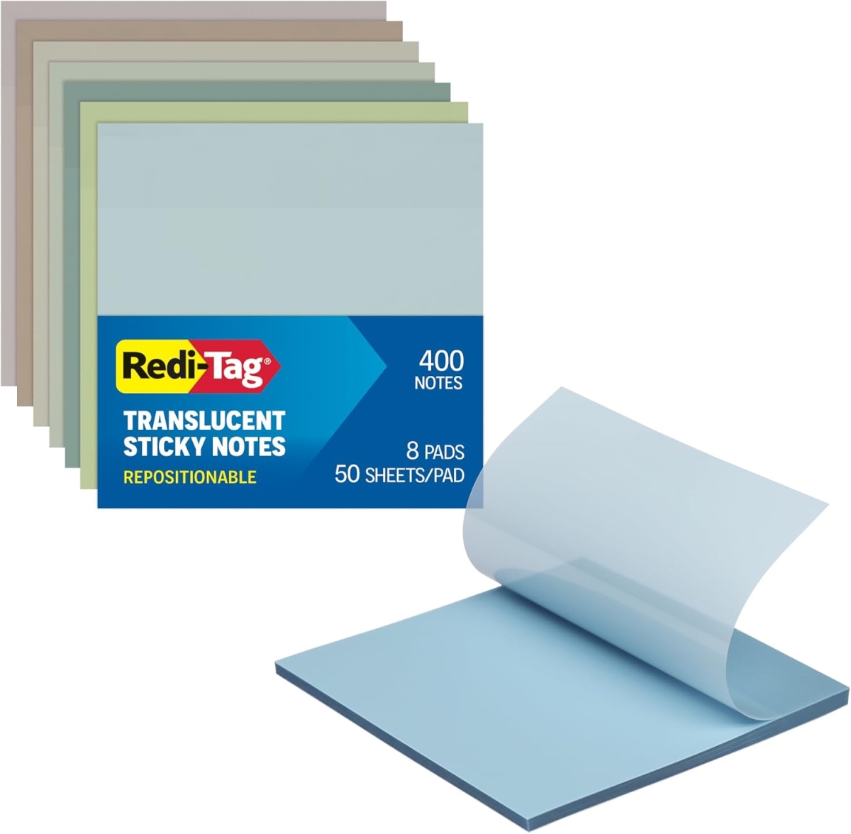 1006594 Redi-Tag 3 x 3 in. Translucent Sticky Notes, Calming Colors - 400 Sheets - Pack of 8