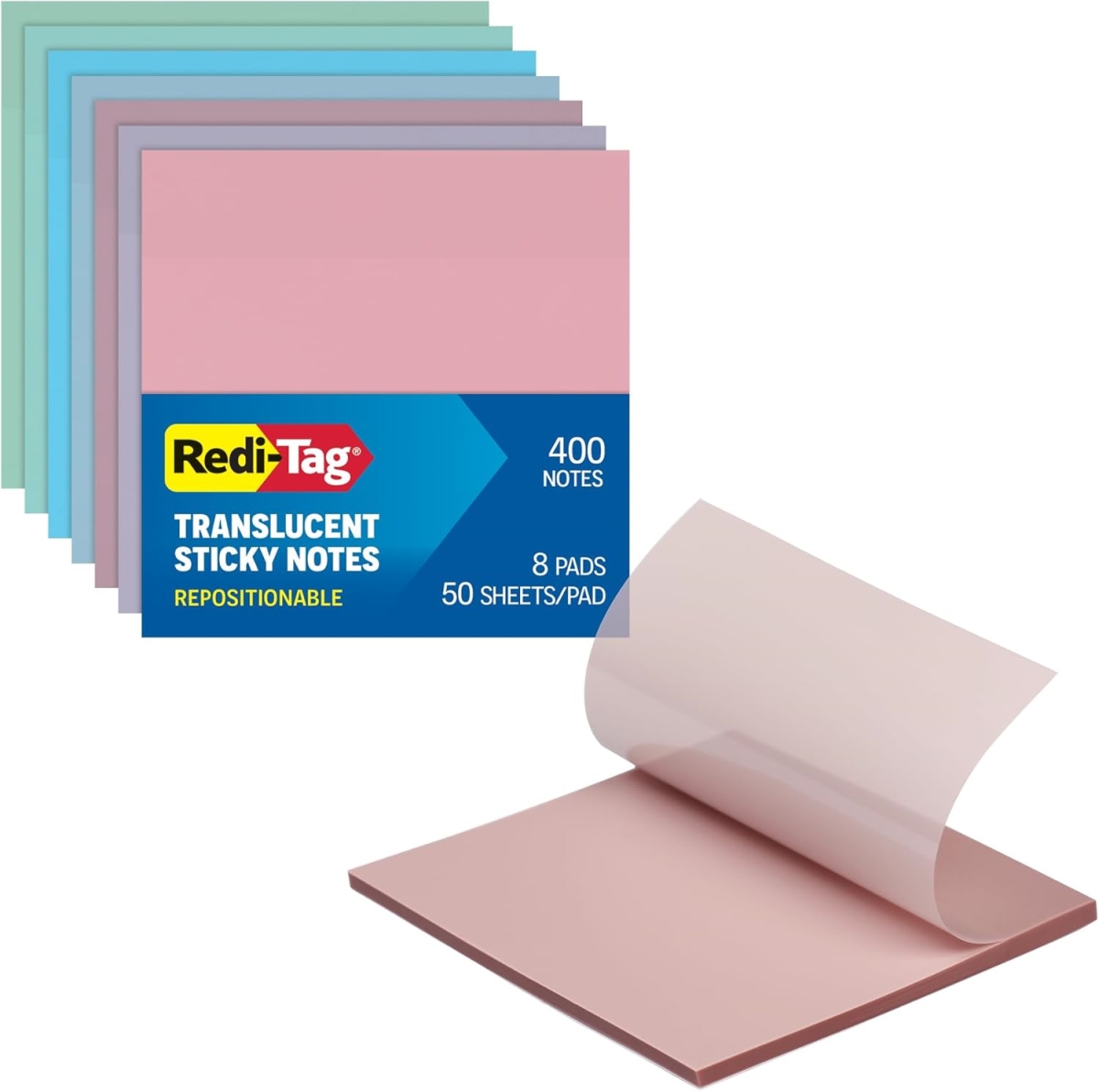 1006595 Redi-Tag 3 x 3 in. Translucent Sticky Notes, Pastel Colors - 400 Sheets - Pack of 8