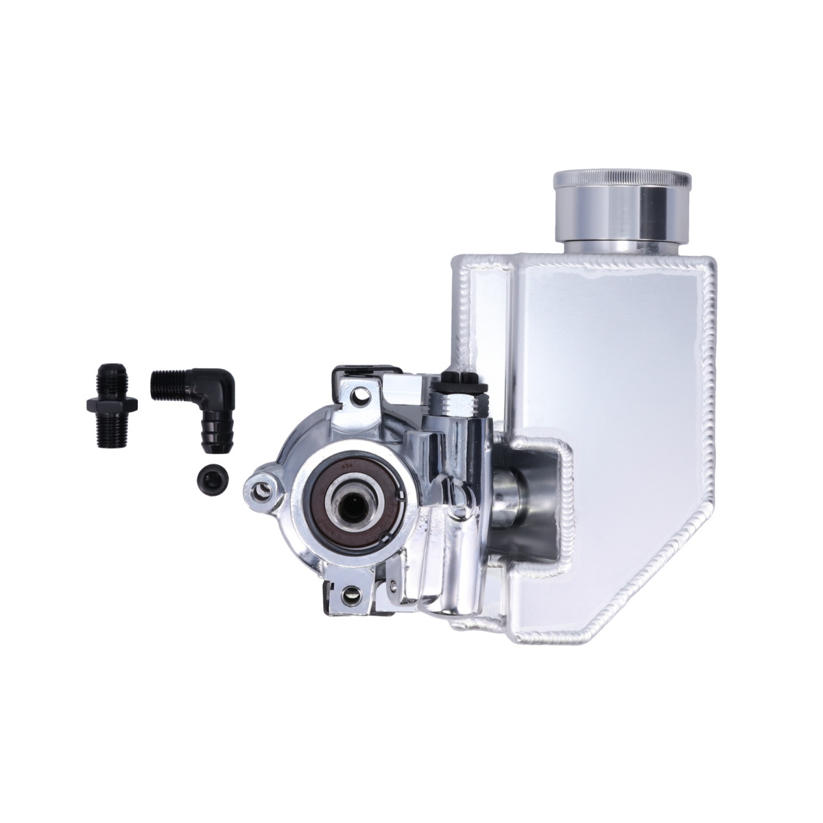 JM2021C GM Type II Power Steering Pump with Integral Fabricated Aluminum Reservoir, Chrome