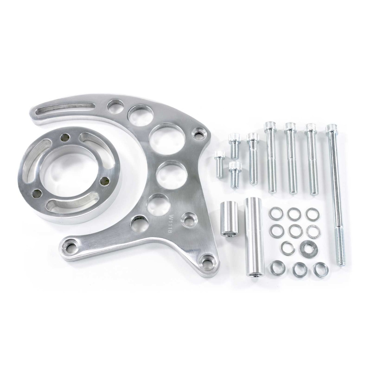 JM9121P Chevy Small Block Long Water Pump Alternator Bracket, Polished