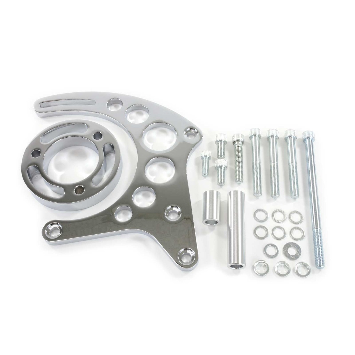 JM9121C Chevy Small Block Long Water Pump Alternator Bracket, Chrome