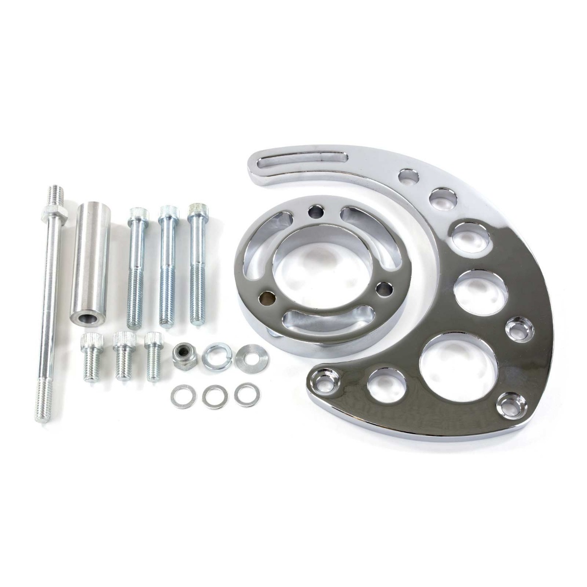 JM9123C Chevy Big Block Long Water Pump Alternator Bracket, Chrome