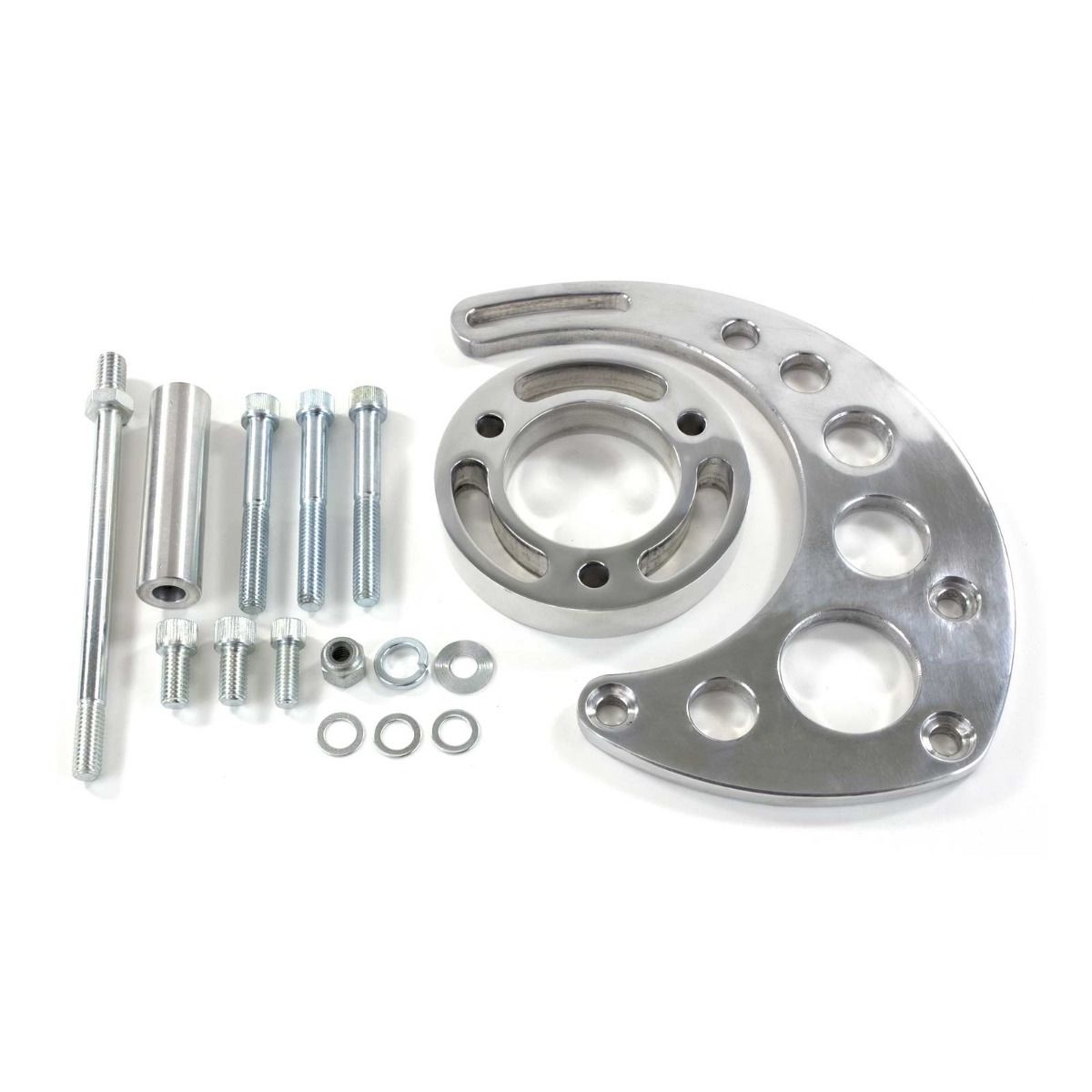 JM9123P Chevy Big Block Long Water Pump Alternator Bracket, Polished