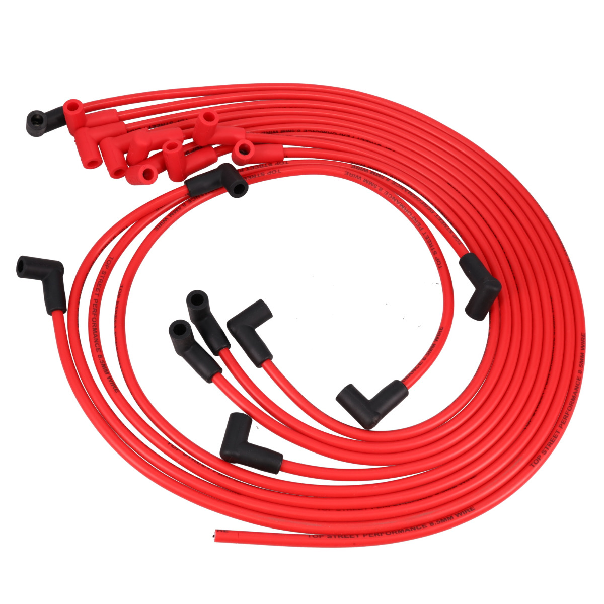 8.5 mm Chevy Small Block Under Header Spark Plug Wire Set with 90 deg Plug Boots, Red