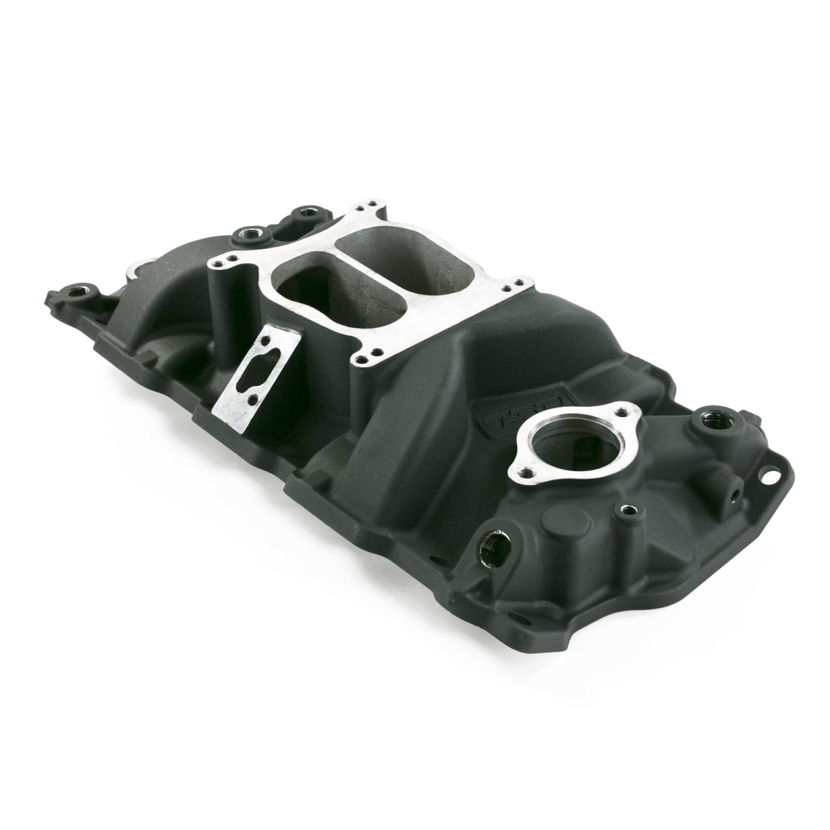 82001BK Chevy Small Block Carbureted Black Aluminum Dual Plane Intake Manifold