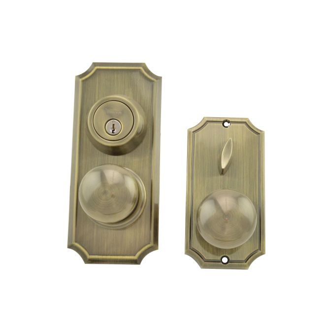 Unigard Premiere Interconnected Entry with Impresa Knob with 0.75 in. Latch & Round Corner Strikes, Antique Brass