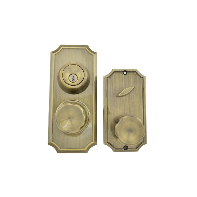 01501EAEASL2D Unigard Premiere Interconnected Entry with Eleganti Knob with 0.75 in. Latch & Round Corner Strikes, Antique Brass