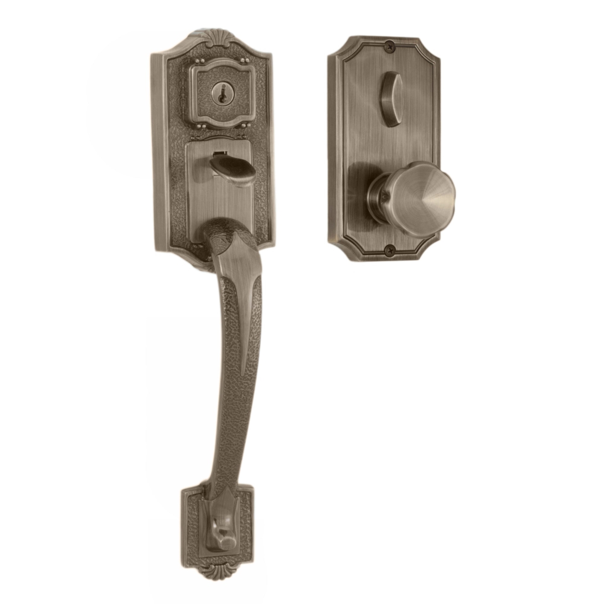 01411-AEASL2D Colonial Panic Proof Entry Handleset with Eleganti Knob Trim, Antique Brass