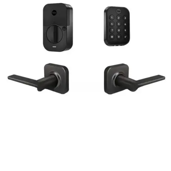 Assure Lock 2 Bundle with Key Free Keypad Bluetooth Deadbolt, Valdosta Lever Passage & Door Sense - Black Suede Powder Coat Finish