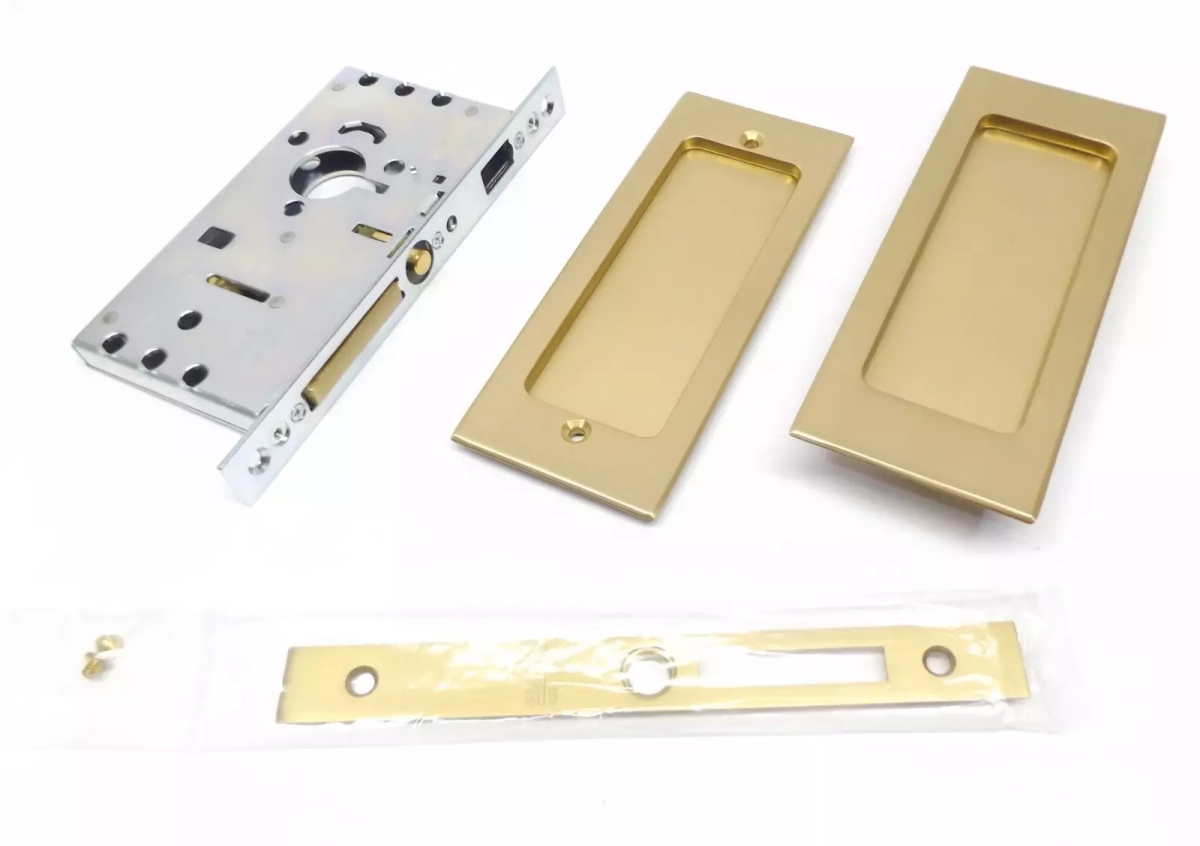 2114US4138 1.37 in. Modern Rectangular Passage Pocket Door Mortise Lock - Satin Brass Finish