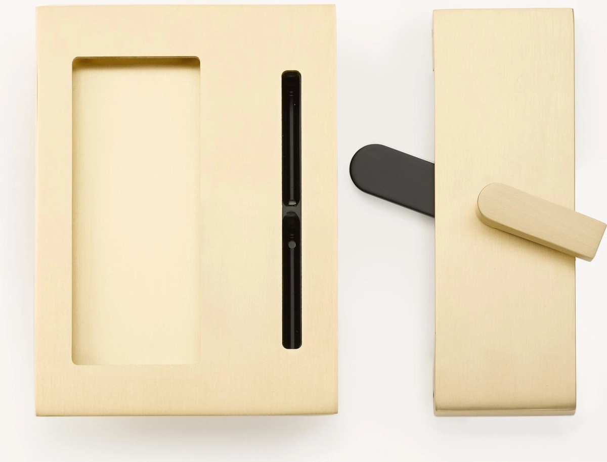 222202US4 Modern Rectangular Barn Door Privacy Lock & Flush Pull with Integrated Strike - Satin Brass Finish