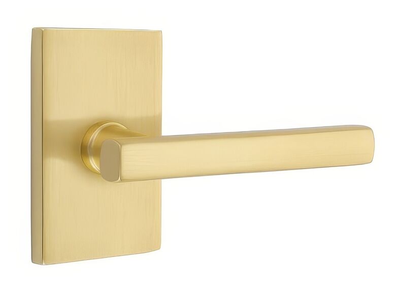 5112FRLUS4RH 2.375 in. Freestone Right Hand Backset Passage Lever with Modern Rectangular Rose for 1.25 To 2 in. Door - Satin Brass Finish
