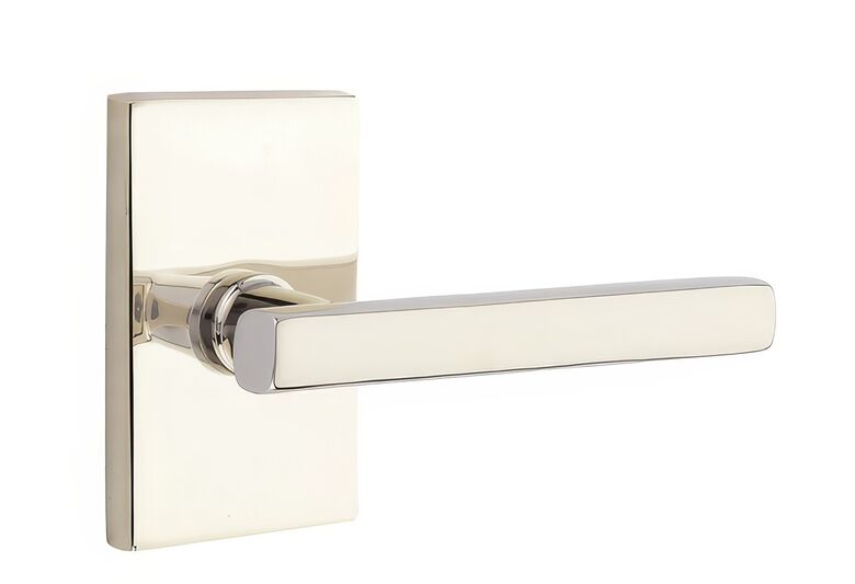 2.375 in. Freestone Left Hand Backset Privacy Lever with Modern Rectangular Rose for 1.25 To 2 in. Door - Polished Nickel Lifetime Finish